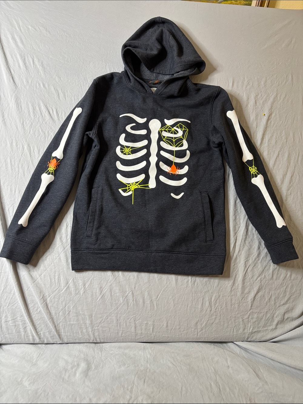 Cat & Jack Black Skeleton Graphic Hoodie Neon Spider Accents 2 front pockets